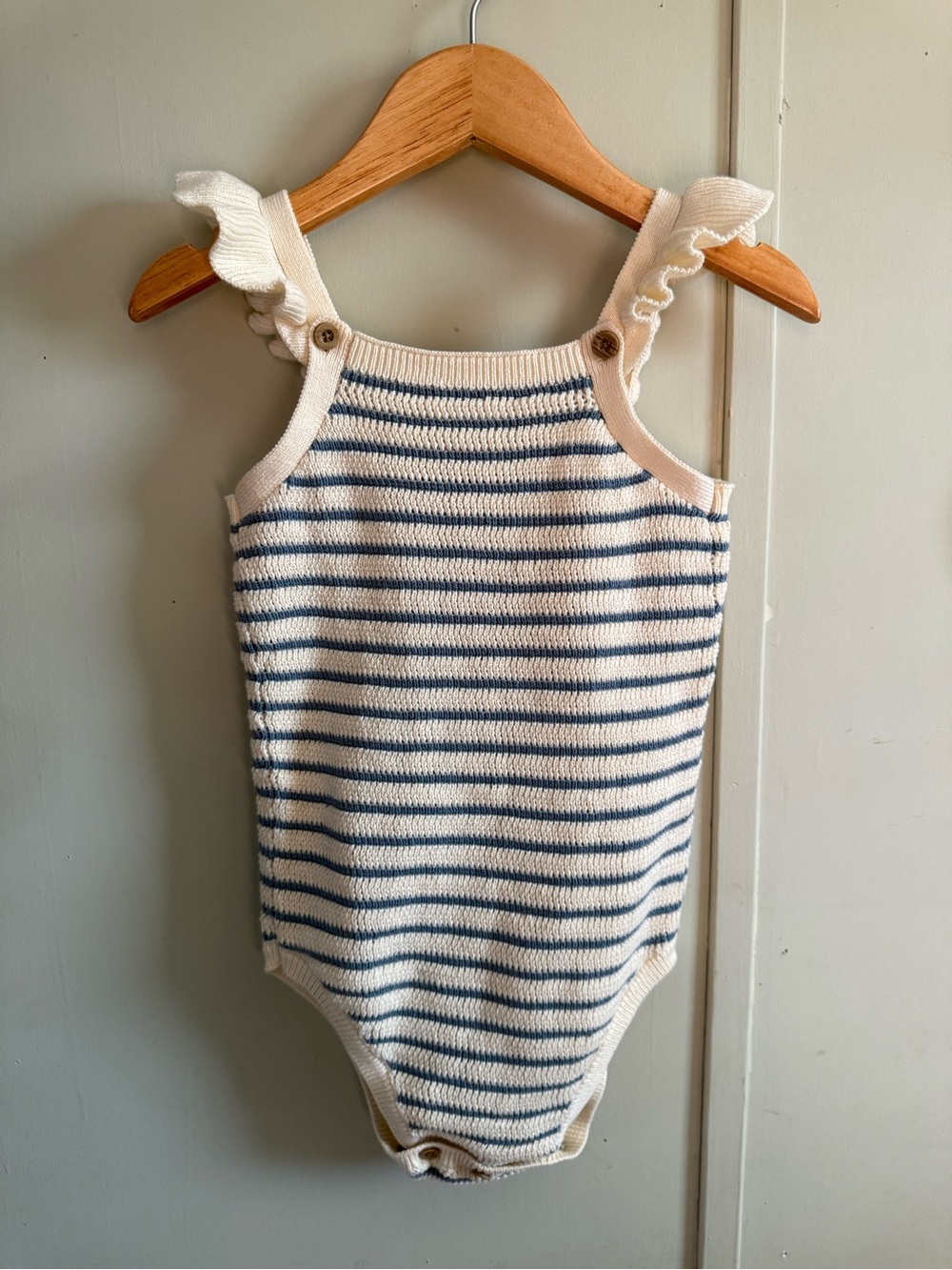 cloud island Cream and Blue Striped Knit One-Piece with Ruffle Straps